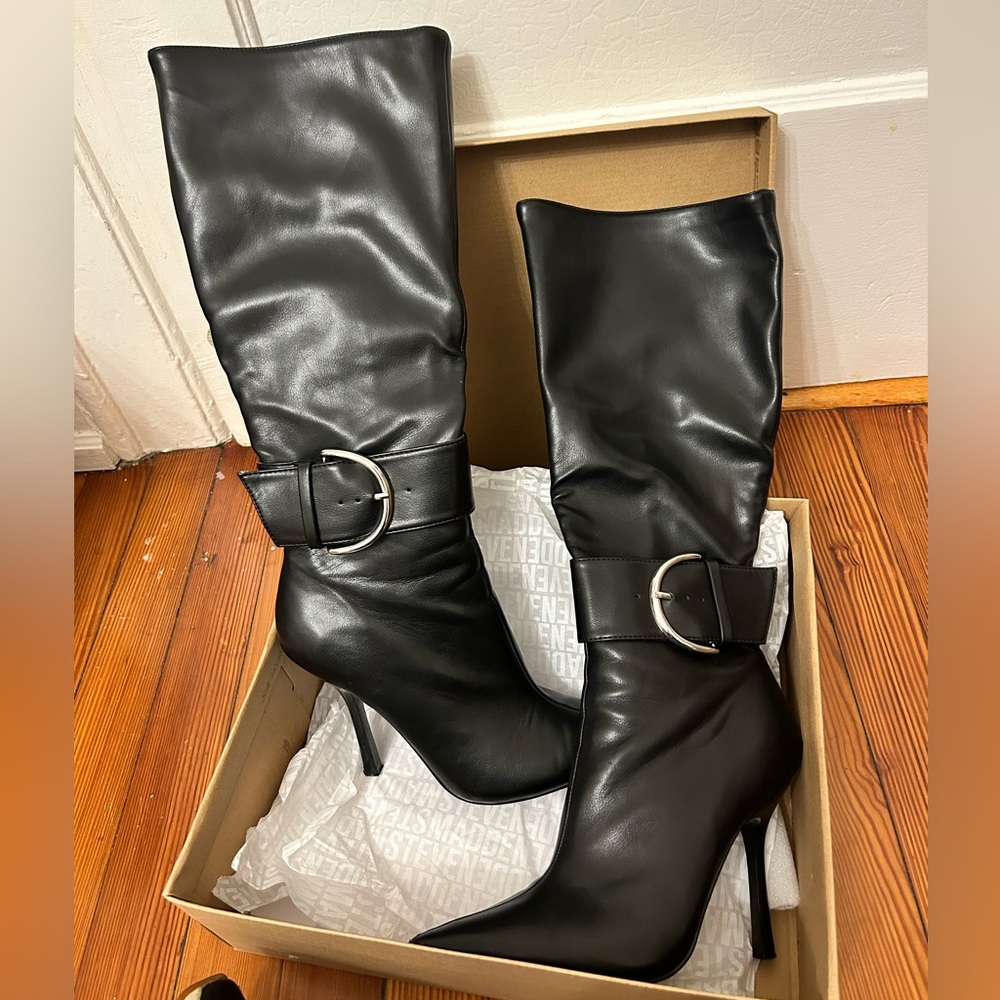 Steve Madden Black Leather Knee-High Stiletto Boots with Buckle